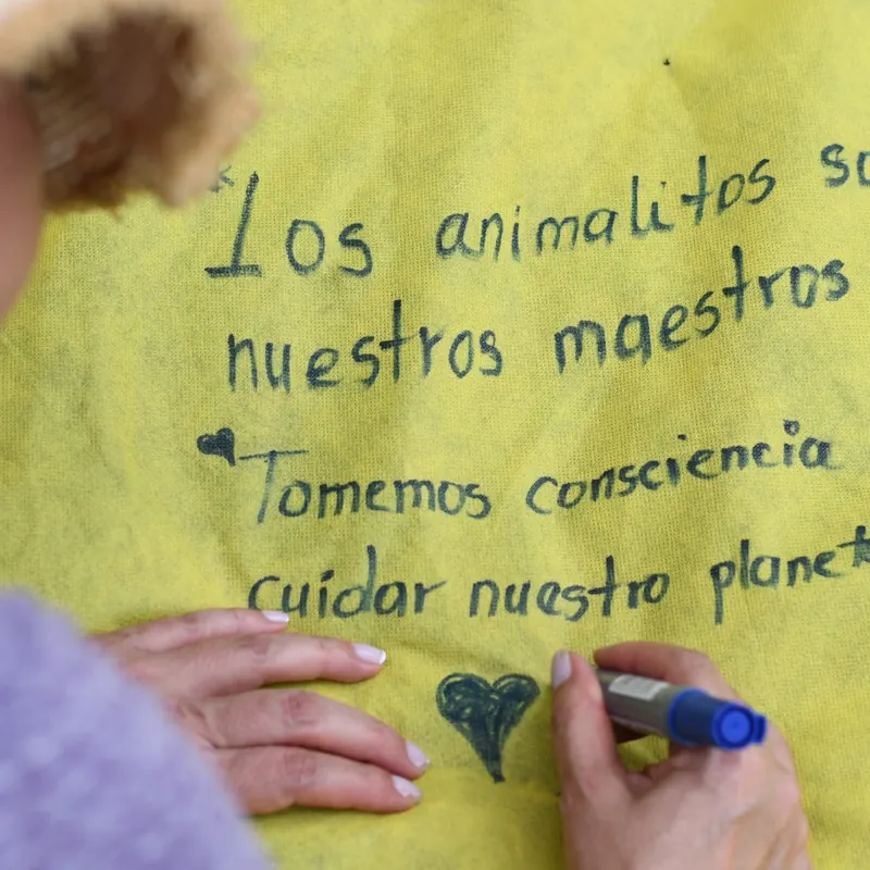 Mano escribiendo en un cartel: Los animalitos son nuestros maestros